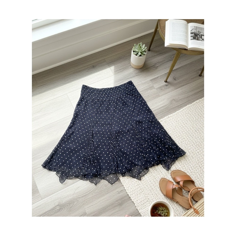 Vintage Monsoon Silk Polka Dot Skirt Navy Handkerchief Hem Boho Y2K UK18 Flowy